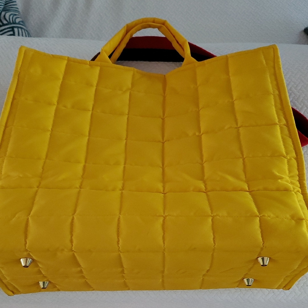 Clare V Quilted Yellow Tote with Red Strap
